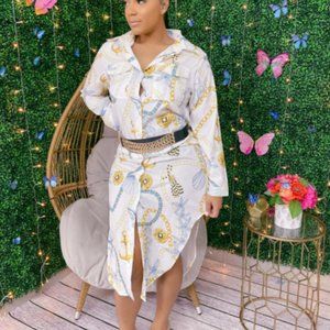 Print Collar Long Sleeve Nautical Shirt Dress - Belt Sold Separately